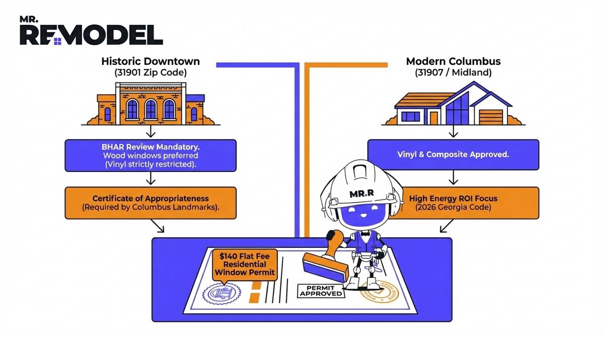 A 2026 Columbus GA permitting roadmap infographic contrasting the Board of Historic and Architectural Review (BHAR) process for downtown 31901 homes against the standard $140 flat-fee permit required for modern 31907 and Midland properties.